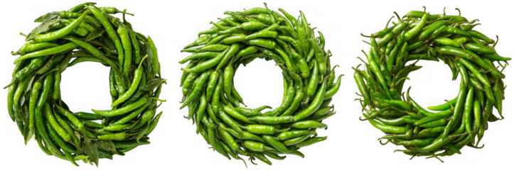 Three circular arrangements of fresh green chili peppers showcasing their vibrant color and spicy potential isolated on transparent background