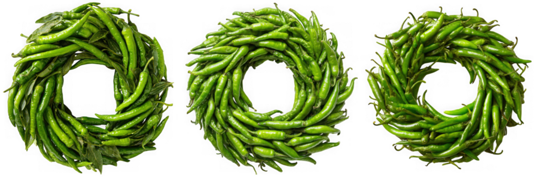 Three circular arrangements of fresh green chili peppers showcasing their vibrant color and spicy potential isolated on transparent background