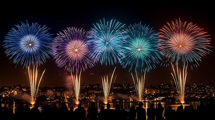 Obraz premium Fireworks display over city at night