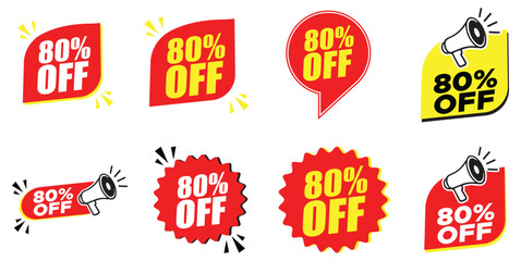 80% Off Sticker Set – 80% Off Discount Labels with Megaphone Icons for Promotions