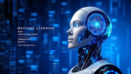 Futuristic robot head with glowing circuits and binary code background representing artificial intelligence