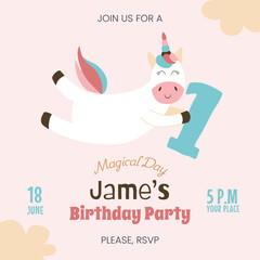 Unicorn Boy Birthday Invitation card. Baby Shower printable vector template with cute magical horse. Childish design 