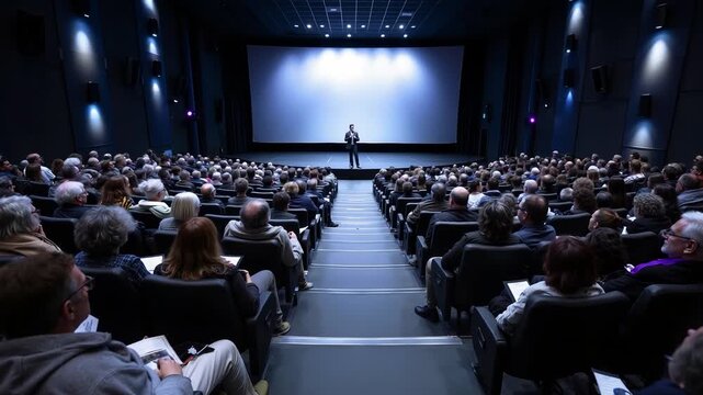 A man standing on a stage in front of a large crowd of people