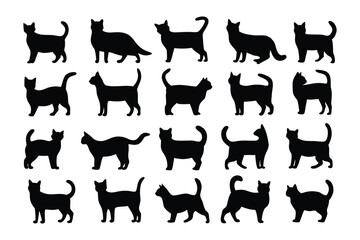 Collection of silhouetted black cat faces with expressive eyes and whiskers in a grid layout