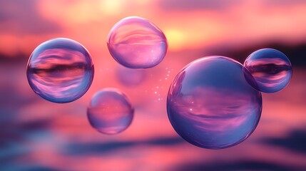 Naklejka premium Floating spheres reflecting sunset colors