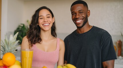 Interracial Couple Preparing Smoothies Together in Modern Kitchen with Fresh Ingredients