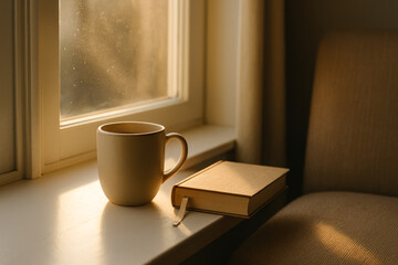 Coffee mug and closed book resting on windowsill bathed in soft golden light, capturing a peaceful, cozy, and reflective morning moment.
