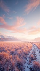 A Winter Landscape Features Snow-Covered Mountains, Pastel Sky, and Path Through a Field of Dry Grass