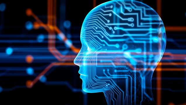 Futuristic glowing blue human head silhouette with circuit board patterns and digital data streams