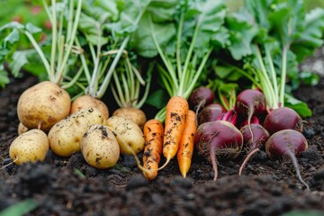 Vibrant fresh harvest  a colorful display of potatoes, carrots, and beets on dark garden soil