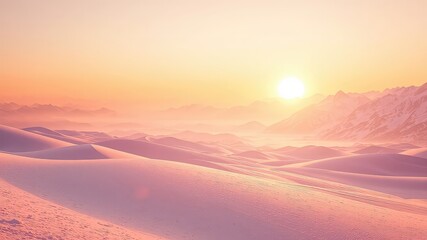 Warm light over the pristine dunes and distant peaks paints a serene and dreamlike landscape at sunset