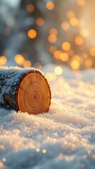 Log Resting in Snowy Landscape with Warm Light and Festive Circular Flares Illuminating the Winter Scene