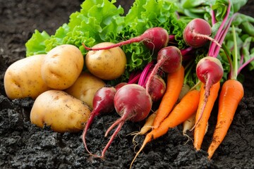 Vibrant fresh harvest  colorful potatoes, carrots, and beets on rich black garden soil