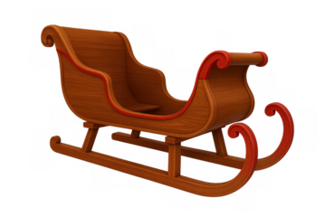 Classic wooden christmas sleigh with red details, isolated on transparent background, perfect for festive projects