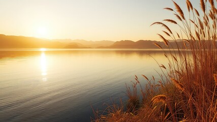Calm lake waters reflect the golden sky at sunset, with reeds silhouetted against the vibrant horizon illuminating the peaceful scene