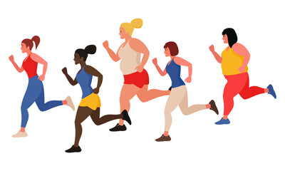 A group of women is running down the street. They are exercising. Flat style.