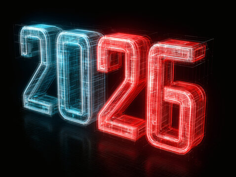 Award winning sans serif number 2026 in neon red blue
