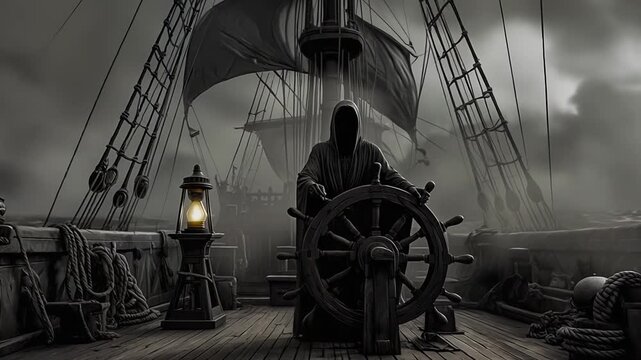 A black and white image of a pirate ship with a lantern on the deck