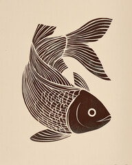 Minimalist linocut depicting a swimming fish, simple lines, wave patterns.