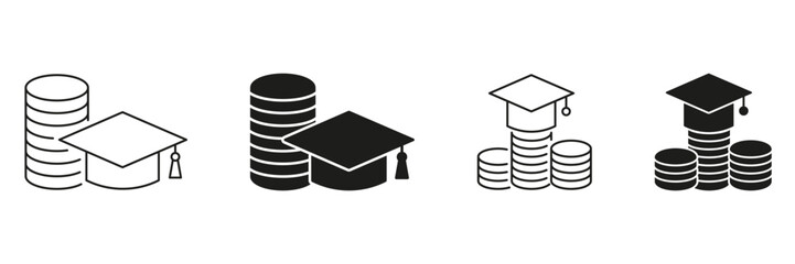 Graduation Cap With Coins Line And Solid Icon Set. Education Funding, Scholarship, And Financial Aid Symbol Collection. Academic Investment And Tuition Savings. Isolated Vector Illustration