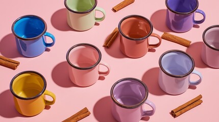 Vibrant Collection of Colorful Enamel Mugs on Pastel Pink Background