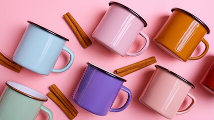Colorful Enamel Mugs: A Playful Pop of Color on Pastel Pink