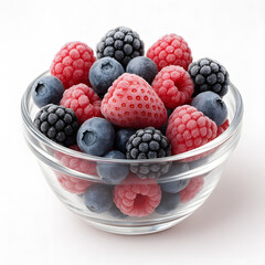 Frosted Raspberries Blackberries and Blueberries in Glass Bowl on White