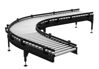 Curved Industrial Roller Conveyor Isolated on White
