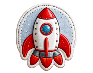 Playful Embroidered Cartoon Rocket Ship Patch with Red and White Details, Isolated PNG
