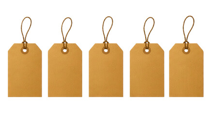 Set of Five Brown Paper Tags with Strings Isolated
