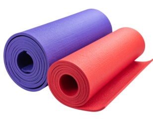 Two Rolled-Up Yoga Mats, One Red and One Purple, Next to Each Other, Isolated PNG