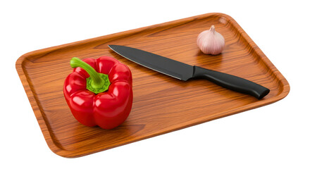 Red Bell Pepper, Garlic, and Knife on Wooden Tray
