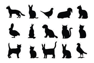 Collection of silhouetted macaw parrots perched on thin branches against a white background