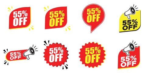 55% Off Sticker Set – 55% Off Discount Labels with Megaphone Icons for Promotions