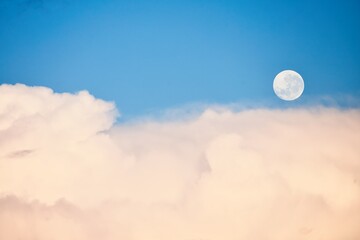 Sky replacement of New Zealand clean blue sky, white clouds and the moon.