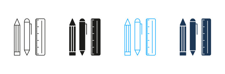 Pencil, Pen, And Ruler Line And Solid Icon Set. Stationery Tools For Writing, Drawing, And Measuring Symbol Collection. Educational And Office Supplies. Isolated Vector Illustration