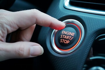 Close up of a person s finger pressing the illuminated engine start stop button in a modern car s dashboard interior