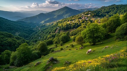 Serene Cow and Calf Grazing in a Lush Green Meadow
