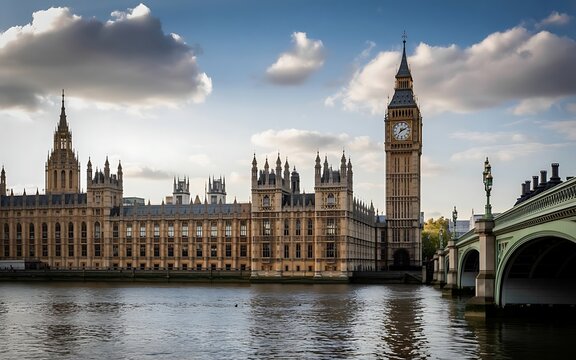 Iconic view of the houses of parliament and big ben in london england with the river thames reflecting the dramatic cloudy sky above - Powered by Adobe