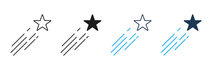 Shooting Star Line And Solid Icon Set. Celestial Motion, Success, And Aspiration Symbol Collection. Cosmic Journey And Achievement Representation. Isolated Vector Illustration