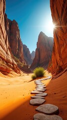 Pathway of Stone Leading Through a Majestic Canyon Landscape under a Bright, Clear Sky and Sunburst Illuminating the Dramatic Cliffs
