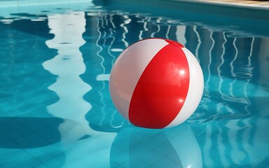 A red and white striped inflatable beach ball floating on the surface of a clear blue swimming pool with reflections