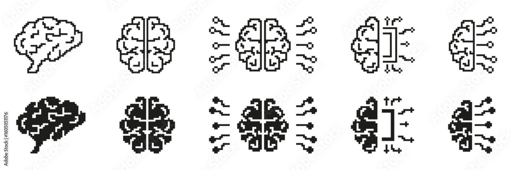 Poster pixel art brain and circuit icon set. neural network and artificial intelligence pixelated symbol co