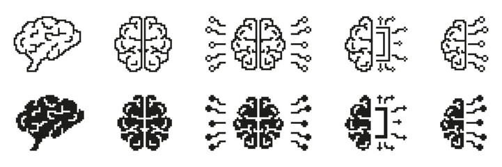 Pixel Art Brain And Circuit Icon Set. Neural Network And Artificial Intelligence Pixelated Symbol Collection. Illustrates The Fusion Of Human Brain And Technology. Isolated Vector Illustration