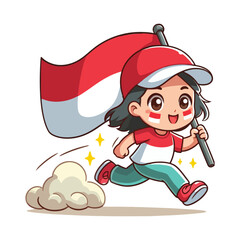 cartoon vector of children running carrying the Indonesian red and white flag