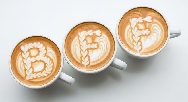 Three cups of coffee with latte art displaying the letters b and f on a white surface top view