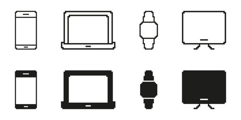 Pixel Art Icon Set Of Electronic Devices. Smartphone, Laptop, Smartwatch, And Monitor Pixelated Symbol Collection. Minimalist Black And White Design. Isolated Vector Illustration