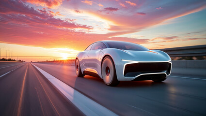 Naklejka premium A futuristic electric car speeding on a highway during a vibrant sunset drive.