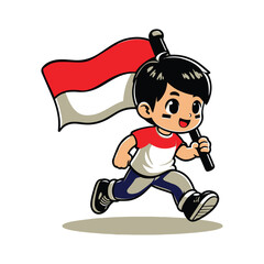 cartoon vector of children running carrying the Indonesian red and white flag