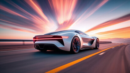 Naklejka premium Futuristic white sports car speeds along a highway at sunset, creating a dynamic scene.